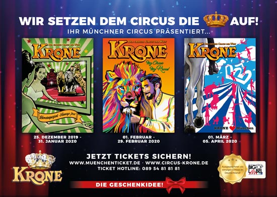 Circus Krone - die 1. Winterspielzeit 2019 beginnt mit einer Premiere am 25.12.2018. „100 Jahre Circus Krone“ ist das Motto des ersten Programmes der 100. Wintersaison mit digitalen Clowns und der größten Raubtiernummer der Welt
